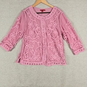 Joni B Womens Pink Soutache Mesh‎ Cardigan 3/4 Sleeve Button Front Size M